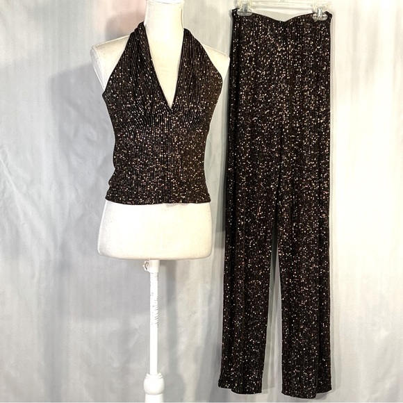 Jessica Howard Pants - Jessica Howard Evenings Cocktail Black Jersey Gold Sequins Halter Pants Suit 6